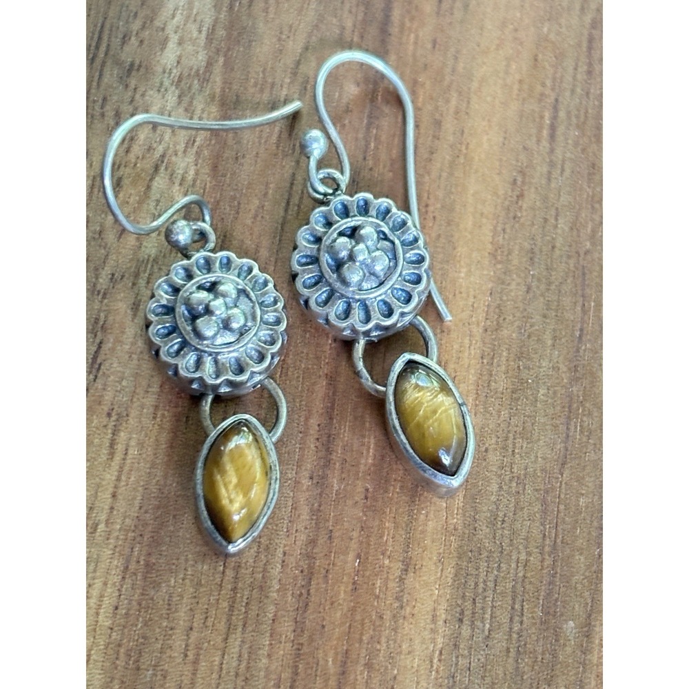 Vintage 925 Sterling Silver Tiger Eye Gemstone dangle oval earrings